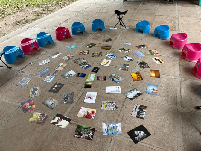 Photos arranged for a reflection activity during an outdoor learning session.